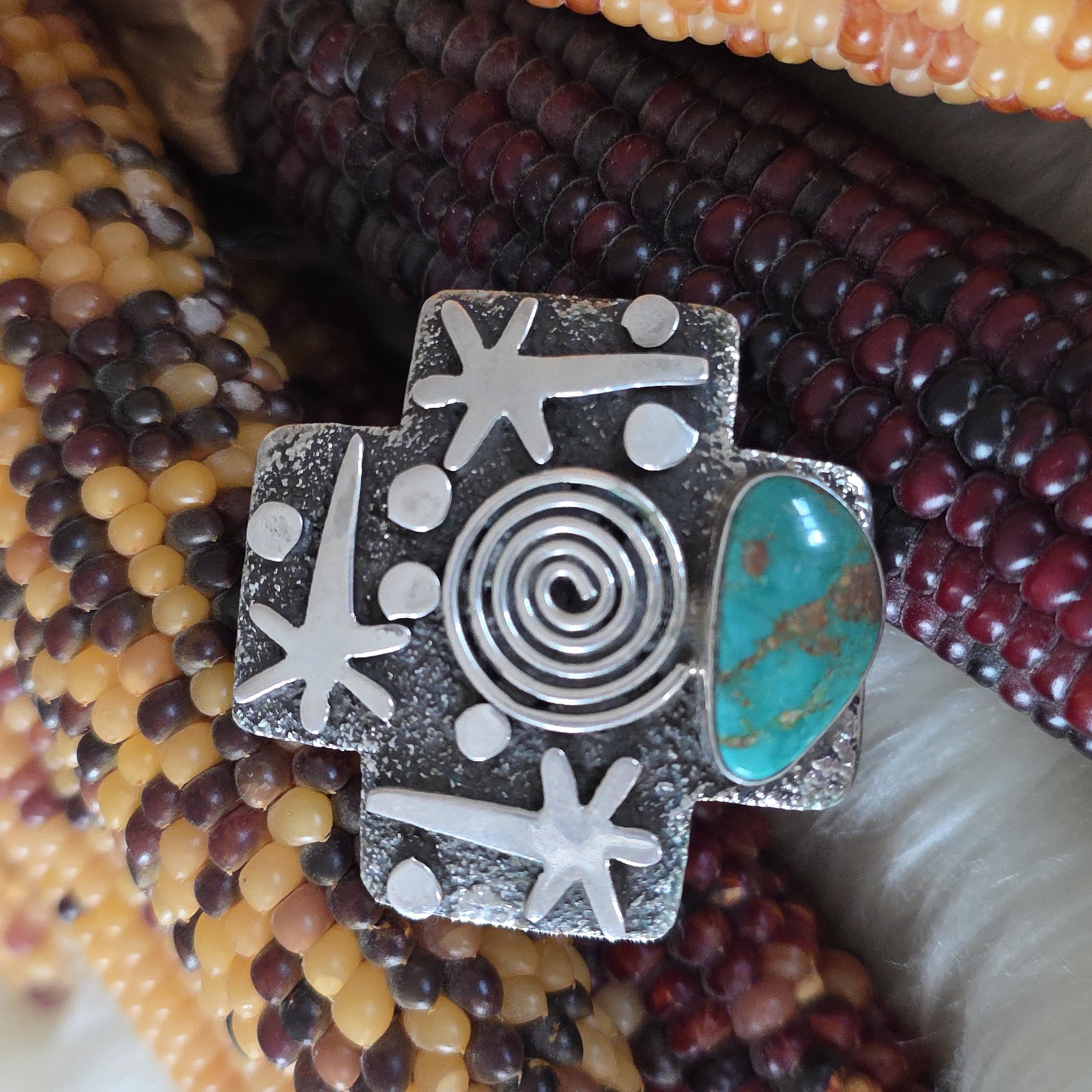 Native American Navajo Turquoise Petroglyph Statement Ring By Alex Sanchez